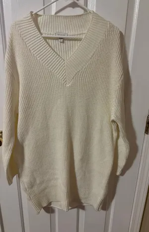 Topshop Womens Cream White Oversized V-Neck Chunky Ribbed Knit Sweater‎ Tunic S thumbnail 1