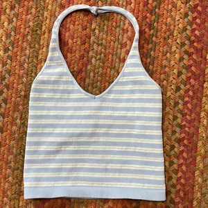 Full Tilt Blue Stripe Crop Halter Seamless Top thumbnail 1