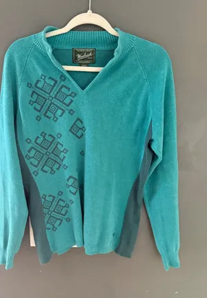 Woolrich Womens Atlantic Teal Cotton Geometric V-Neck Sweater Size L Outdoor thumbnail 1