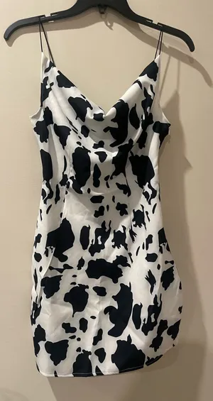 Cow-Print Mini Slip Dress in Black and White thumbnail 1