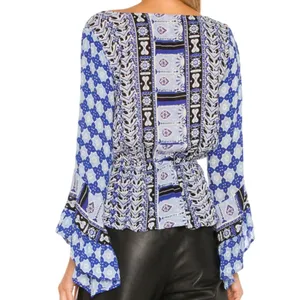 NWT Free People Rosalie Blouse Top‎ Indigo Combo Smocked Bell Sleeve Size Small thumbnail 2