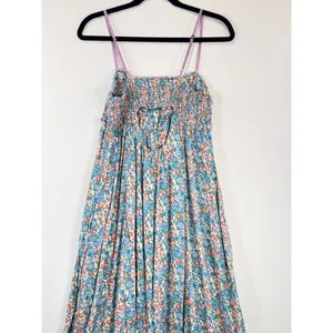 Free People Maxi Dress Blue Molly Jo Floral Button Down Cutout Back Smocked XS thumbnail 12