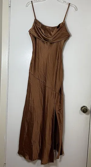 NEW! Selfie Leslie Well Versed Pleated Bust Front Split Slip Dress Chocolate MED thumbnail 4