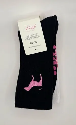 PINK Victoria’s Secret 2-Pack Crew Socks White Black One Size NWT thumbnail 1