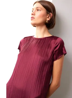 Madewell Short Sleeve Slip Midi Dress Women S Burgundy Plisse Minimalist Holiday thumbnail 1