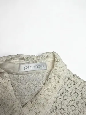 Promod Women's White 100% Cotton Sleeveless Lace Yoke‎ Button Down Blouse thumbnail 3