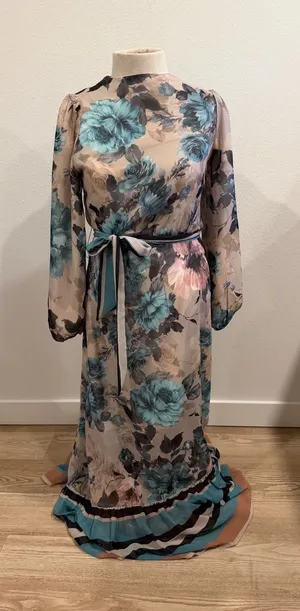 Paper Parachute Floral Maxi Dress Teal Blue Tan Long Sleeve Belted Ruffle XS thumbnail 1