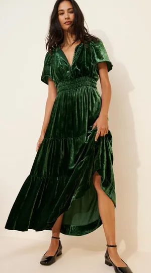 ANTHROPOLOGIE The Somerset Maxi Dress in Green Velvet Size Small Petite thumbnail 1