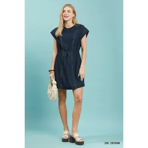 Umgee‎ Drawstring Waist Frayed Denim Mini Dress - Small thumbnail 4