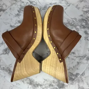 Veronica Beard Hendrix Brown Leather Platform Clogs 10.5 Wooden Block Heel Mules thumbnail 6