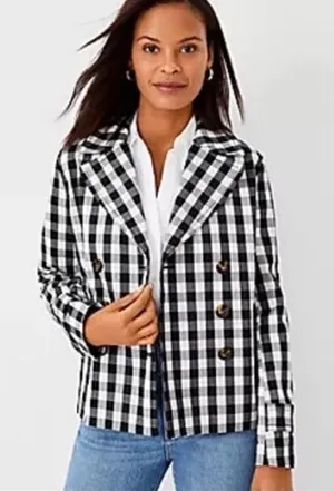 Ann Taylor Gingham Double Breasted Coat Jacket Black White Size‎ XXL thumbnail 1