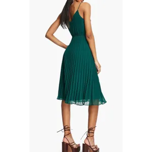 ASOS Forest Green Pleated Midi Dress V-Neck Spaghetti Strap Elastic Waist Size 4 thumbnail 2
