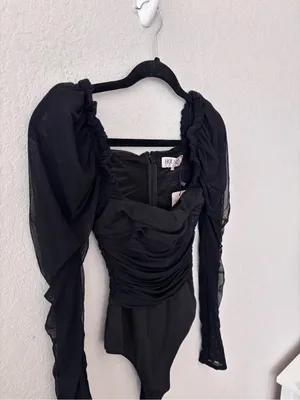 House of CB Black Ruched Mesh Puff-Sleeve Square Neck Bodysuit Size XS thumbnail 6
