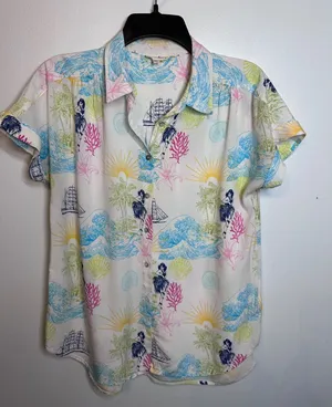 Jane and Delancey Womens Tropical Hula Island Print Rayon Button Down Shirt M thumbnail 1