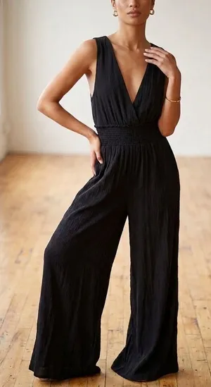 Anthropologie‎ Black Crinkle Wide Leg Jumpsuit Smocked Waist Halter XS thumbnail 1