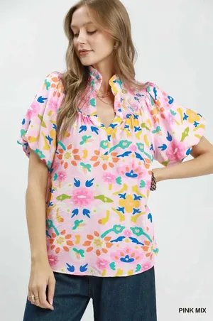 Umgee Folk Art Print Top with Smocked Detail - Medium thumbnail 1