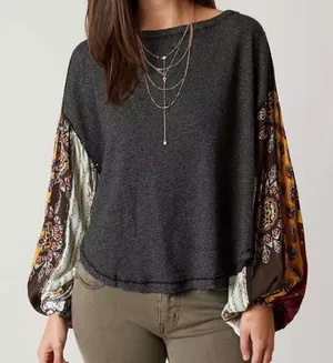 Free people Blossom Thermal Top‎ ballon sleeve patchwork Sz XS oversized thumbnail 1