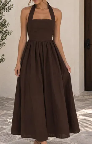 NWT Joie Brown Linen Blend Halter Bow Tie Back Midi Dress Small thumbnail 1
