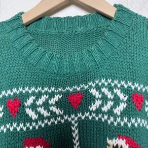 VTG 80s Women Sweater Large Green Santa Claus Holiday Christmas Knit Retro Heart thumbnail 4