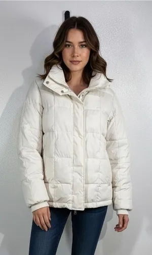 YPB Cream Puffer Jacket Women's Large Winter Quilted Coat Warm Zip Snap‎ Neutral thumbnail 1