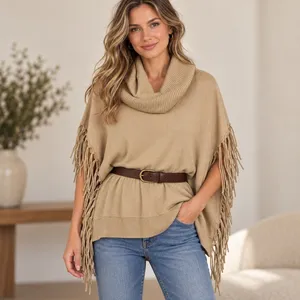 Michael Kors Size M Camel Fringe Knit Poncho Sweater Western Layering Boho thumbnail 7