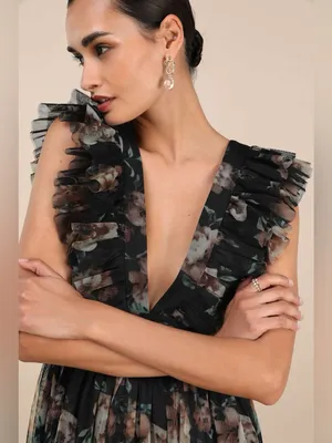 Lulus Simply Delighted Black Floral Mesh Ruffled Backless Maxi Dress Size XXL thumbnail 2
