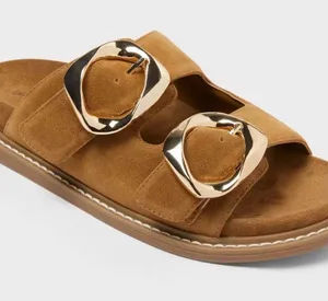 Universal Threads Suede Double-Buckle Slide Sandals in Brown with Gold Hardware thumbnail 1