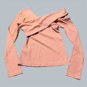 Off Shoulder Sweater Salmon Pink small top comfy asymmetrical design fold over thumbnail 2