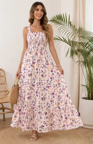 GRACE KARIN Floral Smocked Ruffle Maxi Dress Size S thumbnail 1