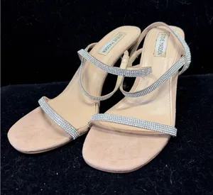 Steve Madden‎ Snappy Rhinestone Lucite Heel Sandals Tan Suede Crystal Strappy 9M thumbnail 1