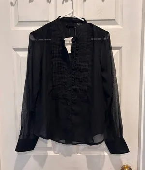 The Limited Womens‎ Black Sheer Ruffle Pleated Front Button Up Blouse Size L NEW thumbnail 1