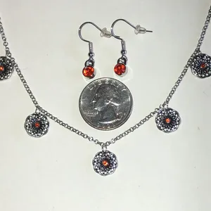 Silver Tone Floral Disc Necklace & Orange Accent Earrings Set thumbnail 4