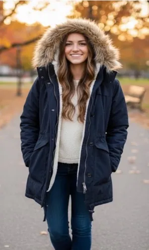 y2k Hollister Navy Faux-Fur Hooded Puffer Parka thumbnail 1