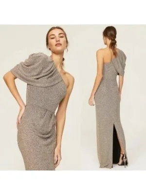 Black Halo EVE Egan One Shoulder Metallic Gown 0 Gold Luxe Long Stretch Pleated thumbnail 3