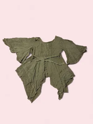 Vintage Kirat Olive Green Embroidered Peasant Blouse with Bell Sleeves thumbnail 2