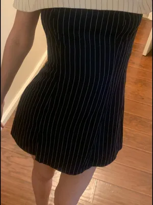 Cider Navy Pinstripe Off-Shoulder Mini Dress with Cream Trim thumbnail 4