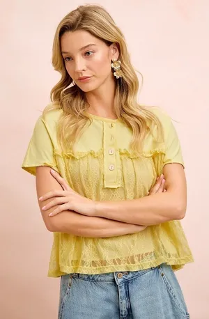 BiBi Solid Jersey With Lace Combo Ruffled Buttoned Top thumbnail 1