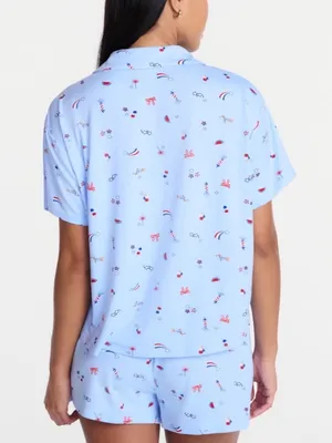 Light Blue American Printed Short-Sleeve Pajama Top and Shorts Set thumbnail 3
