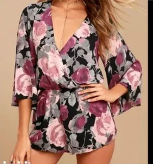Lulus What’s Bloomin Bell Sleeve Black, Pink & Gray Floral‎ Romper Size S thumbnail 1
