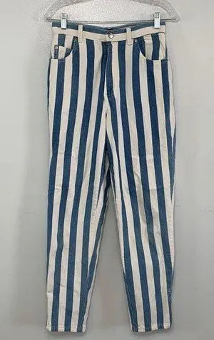 Vintage 90s Sasson Blue White Vertical Striped High Waisted Mom Jeans Size 7 thumbnail 1