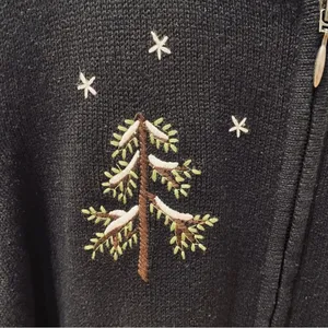 Vintage Christmas Sweater Cardigan Zip Trees 1X Embroidered Black Green thumbnail 7