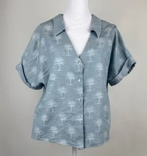 Zara Blue Palm Tree Print Button Down Short Sleeve Collared Blouse Shirt Top M thumbnail 1