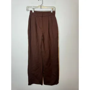 OGL Brown Wide Leg Pleated Pull On Trousers Pants Pockets Women Size XS thumbnail 3
