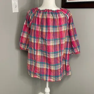 Sundance Tender Plaid tie neck ruffle blouse size large pink blue boho feminine thumbnail 4