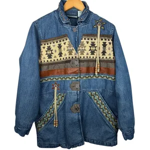 Vintage 220‎ Hickory Western Southwestern Aztec Denim Jacket Faux Leather Trim thumbnail 2