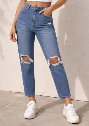 American Eagle Mom Jeans Womens 12 Medium Wash Distressed‎ Straight High Rise thumbnail 1