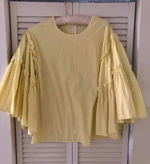 Anthropologie dRA Los Angeles Striped Yellow Bell Sleeve Ruffled Top XS thumbnail 1