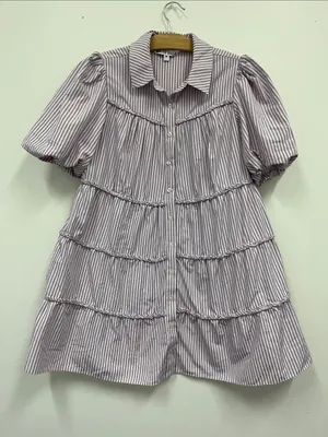 Walter Baker Lavender and White Striped Tiered Puff-Sleeve Dress size M thumbnail 1