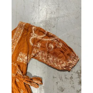 Free People Rust Orange Embroidered Long Sleeve Romper Boho V-Neck Small thumbnail 4