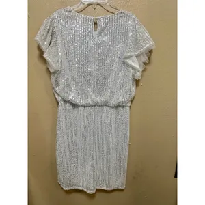 Grace Kari‎ Women Silver Sequin Tulle Flutter Sleeve Ruched Waist Party Dress L thumbnail 3